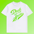 Load image into Gallery viewer, Product photo of white t-shirt with slime green Dude. Your Team Socks. logo
