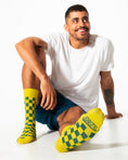 Load image into Gallery viewer, Yellow + Dark Green Checkered Socks
